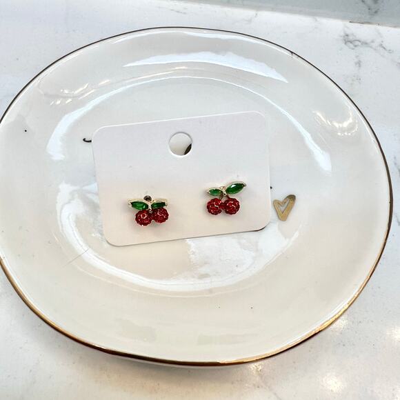 Red Cherry Stud Earrings Statement for vacation summer spring fruit gemstones - Picture 3 of 5